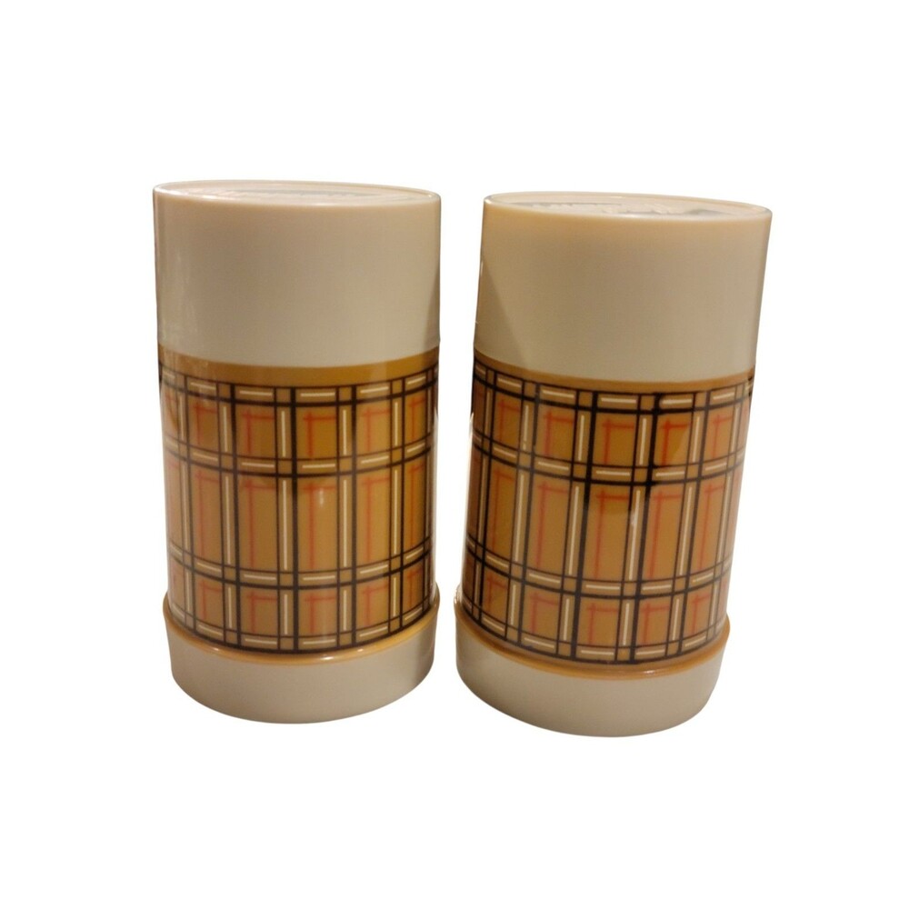 2 Vintage Aladdin Thermos Bottle Wide Mouth Pint WM4040 Plaid Gold/brown